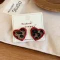 Leopard print flocking heart stud earrings with red enamel frame for women fashion style - Red Leopard Heart