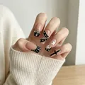 Black and white Gothic long square press-on nails with rhinestone cross and star designs - BW219