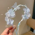 Elegante haarband in oude stijl met blauwe bloemen en parels voor meisjes met vlinders - Blauwe Vlinderstijl (26)
