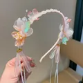 Elegante roze bloemen Hanfu haarband met glazen bloemblaadjes en parel linten - Oranje Bloemenstijl (28)