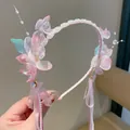 Elegante roze glazen bloem hoofdband in oude stijl met parels en lange linten. - Oranje Bloem (29)