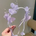 Elegante paarse hoofdband met delicate parelbloemen en vlinderlinten voor meisjes. - Paars Geborduurde Vlinder (30)
