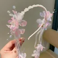 Elegante roze bloemenhaarband met parels en linten in traditionele Chinese stijl. - Oude bloemstijl (13) / Roze
