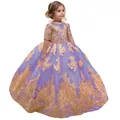 Elegant purple and gold lace flower girl dress with mid-length sleeves and puffy skirt - 8-9 Years / Dresses / Light Purple