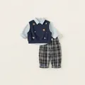 Gentleman style boys 3-piece clothing set featuring blue dog vest and plaid pants - 80 / Set (CY85054D) / Blue