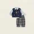Elegant 3-piece boys clothing set with blue shirt, animal vest and plaid trousers - 80 / Set / Blue (CT86009B)