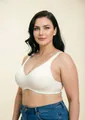 Close-up detail of a white plus-size full-cup wireless bra on a curvy model for daily comfort - 110B / Tops / Nude