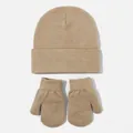 Detailed view of beige knitted baby beanie and mittens set showing soft texture - Khaki