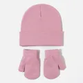 Detail view showing a soft pink knitted baby beanie and matching mitten set for winter - Dusty Pink