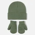 A cozy sage green knitted baby beanie and mitten set perfect for autumn and winter warmth. - Army Green