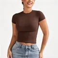Camiseta de mujer ajustada marrón de manga corta con cuello redondo muy elástica - Marrón