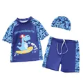 Comfortabel driedelig zwempak voor jongens met dinosaurusprint en camouflage mouwen - L / Set / Donkerblauwe Dinosauriër (D20-81YT)