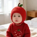 Gorro de invierno de felpa para bebé con forma de manzana y orejeras para el frío - Circunferencia 40-48cm, adecuado para 3-18 meses / Rojo Manzana (Doble Capa)