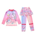 Mädchen zweiteiliger Badeanzug mit langen Ärmeln und Einhorn-Leggings mit Rock. - 2XL (110-120cm, 19.5-23.5kg) / Oberteil Und Unterteil / Pastellfarbenes Doppel Einhorn (SW-2)