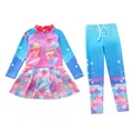 Zweiteiliger langärmeliger Meerjungfrau-Badeanzug für Mädchen mit Rock und UV-Leggings - 2XL (110-120cm, 19.5-23.5kg) / Oberteil Und Unterteil / Blau Lila Rosa Doppel Meerjungfrau (SW-3)