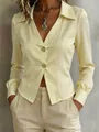 Close-up of light yellow long sleeve blouse with unique slanted button placket. - Light Yellow