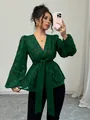 Elegant dark green burnout V-neck blouse with long puff sleeves and tie waist detail - S / Tops / Dark Green