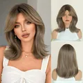 12 inch ash brown layered wig with curtain bangs on model and mannequin stand - Short Hair Style / Cafe Brown (Root Dyed)
