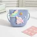 Blue kids straw shoulder bag with colorful sequined mermaid tail and shell decorations - Small Bag / Sky Blue (Mermaid Series)