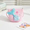 Girls pink straw woven crossbody bag with sequined mermaid tail and shell accents - Small Bag / Light Pink (Mermaid Series)