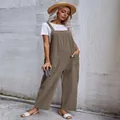 Stylish women's casual khaki linen overalls jumpsuit set with white t-shirt outfit - S / Dresses / Mocha Brown