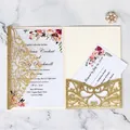 Elegant laser-cut gold glitter wedding invitation folder with floral printed insert card - Gold Yellow