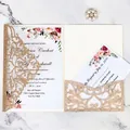 Elegant gold glitter laser-cut wedding invitation set with floral inserts on marble - Rose Gold