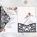 Elegant navy glitter laser-cut pocket wedding invitation with floral inner card set - Dark Blue