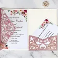 Elegant rose gold glitter laser-cut wedding invitation card featuring floral inner stationery - Pink