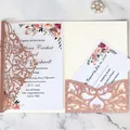 Elegant rose gold glitter laser cut wedding invitation pocket with floral card insert - Apple Gold