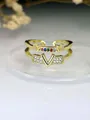 Close-up of gold-plated V letter open ring with sparkling multicolor zircons - Adjustable Open / KC Gold