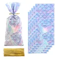 Iridescent mermaid scale pattern OPP candy bags with golden twist ties for gift packaging - Mermaid Pattern / 100 Pcs/Pack (12.5x27.5cm)