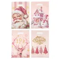 Festive pink Christmas plastic gift bags with vintage Santa and reindeer designs, 4-pack. - 10 Pieces/Pack