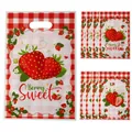 Strawberry printed party favor bags with red gingham pattern and handle for sweets - 10 Pieces Pack / 16.5*25CM