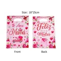 Pink Spanish Mother's Day plastic gift bag with rose print and heart design, 18x25cm - Pink Rose Print / 10 Pieces Pack