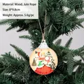 Vintage Christmas wooden hanging ornament with girl holding gift design, round plate - Girl with Gift Style