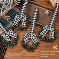 Small Christmas cabinet wreath decoration with black checkered ribbon bow and red berries - Black White Grid