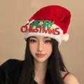 Cozy red plush Santa hat featuring Merry Christmas sign and stars, size 29.5x40cm. - Happy Christmas Style / 29.5*40cm