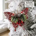 Elegant red butterfly Christmas tree hanging ornament with pine cone and berry detail - Butterfly