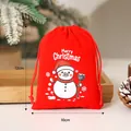 Festlicher roter Weihnachts-Samtbeutel mit Schneemann-Motiv, 10x12cm Kordelzugbeutel - 10x12cm / Schneemann mit Schaufel