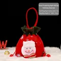 Festive red Christmas snowman drawstring gift bag with handle made of soft brushed fabric - Green Trim Snowman Drawstring Bag