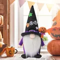 Decorative purple Halloween faceless gnome doll featuring a BOO hat and pumpkin staff - Black Hat Male
