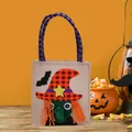 Halloween linen candy gift bag featuring a cute cartoon witch design and purple handles - Witch Pattern