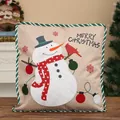 Funda de cojín navideña de lino rústico con diseño de muñeco de nieve y pájaro rojo - Funda de Almohada de Lino Muñeco de Nieve