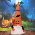 Gnomo de Halloween de felpa con sombrero naranja brillante y decoraciones de murciélago - Pieza Única / Gnomo con Sombrero de Cara de Fantasma y Murciélago Naranja