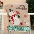 Festive Christmas burlap chair cover featuring a snowman design and green striped ruffle - Snowman / Burlap Snowman Chair Cover