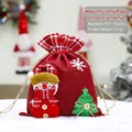 Medium linen Christmas drawstring gift bag featuring 3D snowman character and sequins - Medium Burlap Snowman Gift Bag / 27x22cm