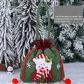 Green felt Christmas gift bag with snowman design, red drawstrings and pom-poms - Embossed Faux Leather Style / Snowman