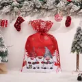 Festive red Christmas drawstring gift bag with cute gnome cartoon prints on velvet fabric - 37*56cm / Red Three Forest Gnomes Gift Bag