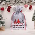 Festive Christmas drawstring gift bag with grey cloth and cartoon gnome illustration - 37*56cm / Grey Three Forest Gnomes Gift Bag